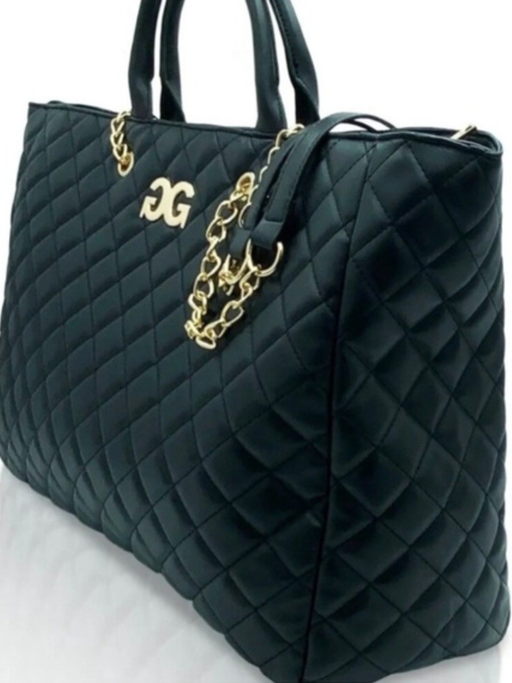 Quilted Black Tote with Gold Chain Accent - Picture 2 of 4